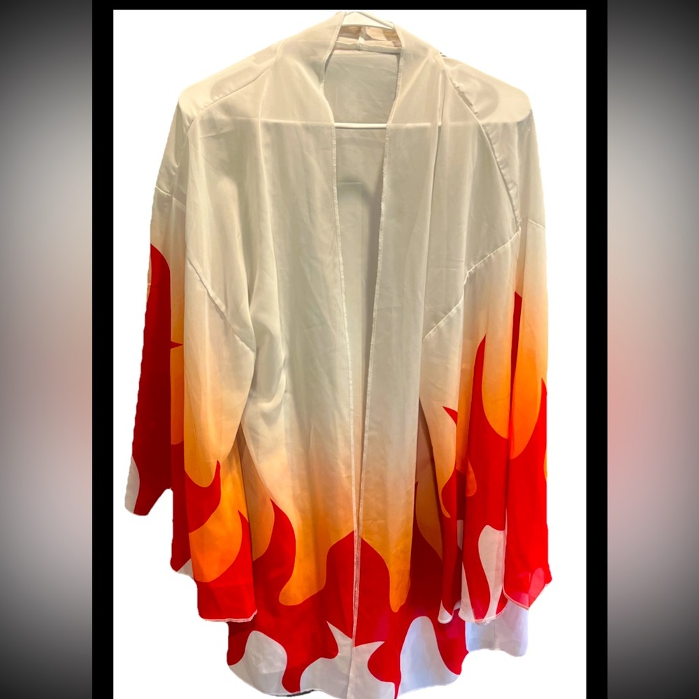 Flame FIRE Open Front Red Orange Kimono Flowy Sheer Jacket Cardigan Wide Sleeve